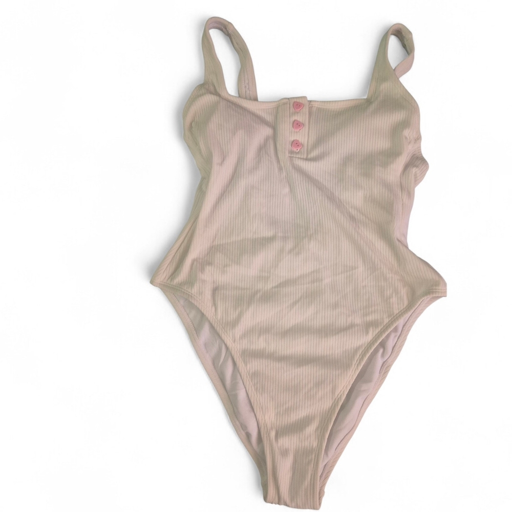 Stoney Clover Lane White Pink Heart Ribbed One-Piece Swimsuit S